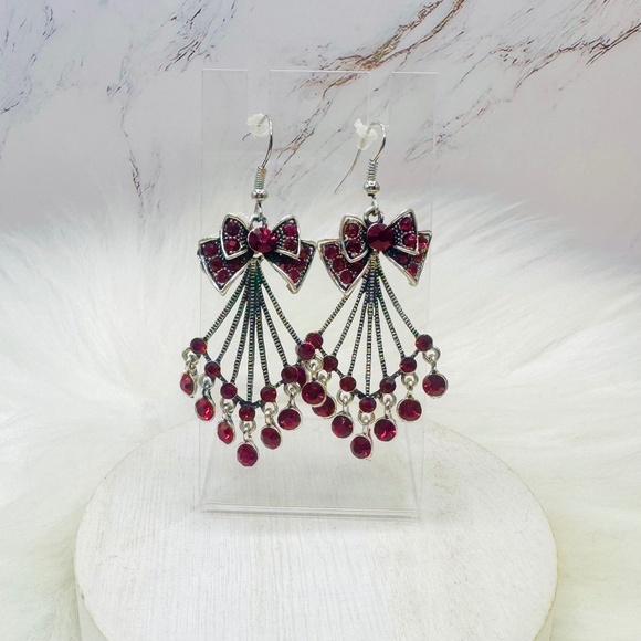 Chandelier Bow Rhinestone Statement Earrings in Blue - Picture 1 of 4